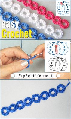 the instructions for crochet bracelets are shown in three different colors and sizes