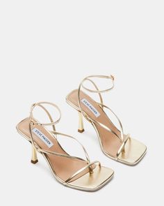 ANNIE Champagne Strappy Heel | Women's Square Toe Heel – Steve Madden Hoco Heels, Hoco Shoes, Bridesmaids Heels, Champagne Heels, Gold Strappy Heels, Prom Heels, Steve Madden Heels, 22nd Birthday, Bridesmaid Shoes