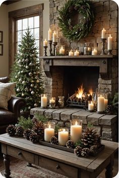 a living room decorated for christmas with lit candles and pine cones on the coffee table