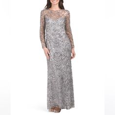 Tadashi Shoji Silver Keziah Embellished Illusion Gown Brand New Color: Silver Bead, Sequin And Faux Pearl Embellished Overlay, Fully Lined Long Sleeve, Illusion Neck, Gown 62in Long, Taken From Size 4 Back Zip And Hook Closure Polyester Imported Not Returnable In Store Dry Clean Illusion Gown, Tadashi Shoji, Silver Bead, Mother Of The Bride Dresses, Mother Of The Bride, Faux Pearl, The Bride, New Color, Sequin