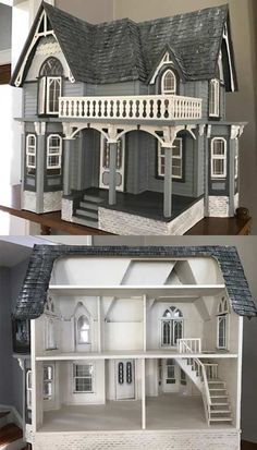 two different views of a doll house with stairs