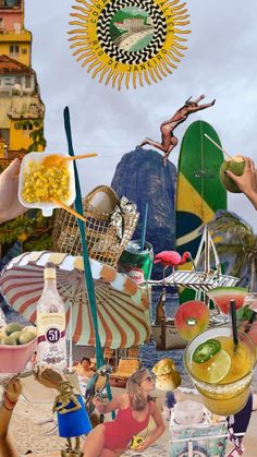 a collage of photos with people and food on the beach, including an umbrella