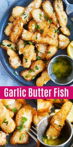 garlic butter fish on a plate with dipping sauce