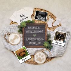 a dog's birth announcement is displayed on a wicker basket with photos and other items