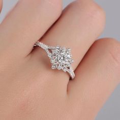 14K White Gold 0.3ct 4mm Moissanite Snow Flake Engagement Ring - Black Diamonds New York Diamond Carat Size, Snowflake Ring, Split Shank Ring, Snow Flake, Dream Engagement, Rings Engagement, Rose Gold Metal, White Gold Engagement, Solid Gold Jewelry