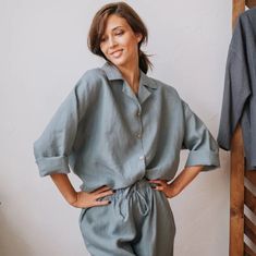 Embrace timeless elegance with our Linen Shirt for Women, a versatile addition to your sustainable wardrobe. Designed with comfort and style in mind, this top features long kimono sleeves that offer a modern twist on the classic shirt silhouette. The loose, airy fit makes it a perfect choice for those seeking both sophistication and ease. Crafted from high-quality linen, this collared shirt is breathable, durable, and softens with each wash, ensuring long-lasting comfort and wearability. * Made from washed European blend linen (60% linen and 40% cotton) * OEKO-TEX certified fabric (no harmful chemicals used in production) * From XS to Plus size TAKING CARE: * machine wash gentle (30- 40 C/ 104 F) * dry gentle. * do not bleach. Each order is sewn with love and attention to detail especially Classic Spring Blouse For Loungewear, Classic Relaxed Fit Shirt For Loungewear, Relaxed Fit Lounge Blouse With Pockets, Relaxed Shirt For Spring Loungewear, Relaxed Spring Loungewear Shirt, Relaxed Loungewear Shirt For Spring, Effortless Relaxed Fit Blouse For Loungewear, Linen Button-up Tops For Loungewear, Collared Linen Tops For Loungewear