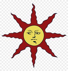 the sun with its face drawn on it's side is shown in red and yellow