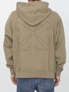 Beige cotton hoodie with Off logo on chest, Stitch Diags motif on sleeves and Stitch Arrows motif on the back. It features drawstring hood, one front kangaroo pocket and ribbed trims on cuffs and hem. Wide fit. The model is 184cm tall and wears size XL.  Size nationality: US  Product number: 6226285  Product code: OMBB085F23FLE0196110  Composition: 100% cotton Urban Long Sleeve Hoodie With Embroidered Logo, Cotton Hoodie With Embroidered Logo For Streetwear, Winter Streetwear Sweatshirt With Double-needle Stitching, Cotton Hooded Jacket With Drawstring Hood, Oversized Cotton Hoodie With Embroidered Logo, Cotton Hoodie With Embroidered Logo, Winter Cotton Hoodie With Double-needle Stitching, Oversized Hooded Hoodie With Embroidered Logo, Casual Embroidered Logo Hoodie