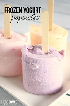 two frozen yogurt popsicles on a white plate