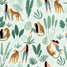 an image of people in the jungle with leopards and palm leaves on a white background