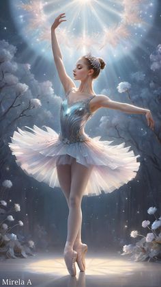 a painting of a ballerina in the middle of a forest with stars above her