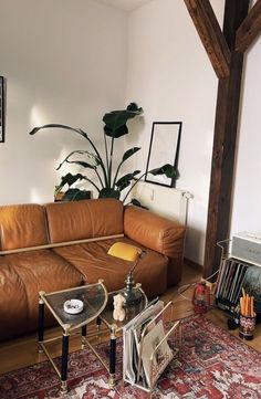 a living room filled with furniture and a large potted plant on top of a table