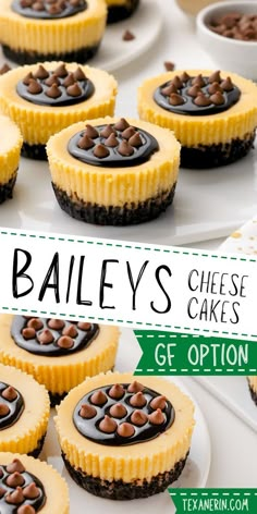 there are many desserts on the table with words above them that say bailey's cheese cakes