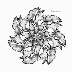 a black and white drawing of a flower with lots of leaves on it's petals