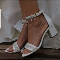 "Bridal sandal with decorative band. It has a thick heel 8 cm - 5 cm and ties at the ankle with an adjustable decorated with a crystal rhinestone strap. Our sandals are designed for flexibility, they have a leather sole with a special foam. Whatever the occasion, bridal sandals will keep you glowing and comfortable. The best thing? They can be worn again after the wedding! All Pelino shoes are made to ensure the highest level of comfort throughout your special day. Heel Height: 8 cm/3.15\" (pict Block Heels Wedding, Perfect Wedding Shoes, Bridal Sandals, Wedding Shoes Heels, Bridal Heels, Star Shoes, Block Heel Shoes, Womens Wedding Shoes, Wedding Heels