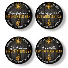 four fire department coasters with black and gold lettering on them, including the logo for los angeles's fire station