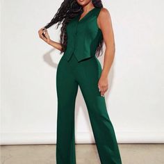 Solid Button Front Waistcoat Vest & Pants Color: Green Cropped Blazer Jacket, Satin Blazer, Green Suit, Open Front Blazer, Corduroy Blazer, Nike Tennis Dress, Evening Jackets, Cropped Blazer, Green Pants