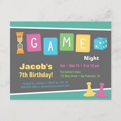 a birthday party card for a child's game night with blocks and dices