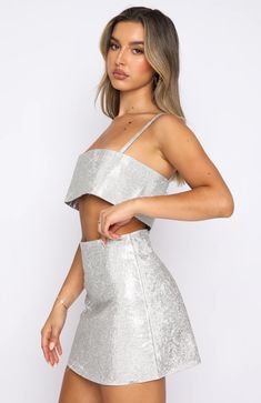 Breathtaking Crop Silver | White Fox Boutique USA Sparkly Two Piece Set, Sparkly Two Piece, Outfits With Leg Warmers, Sparkle Crop Top, Outfit With Uggs, Rhinestone Fabric, Toned Tummy, One Last Time, Glitter Top