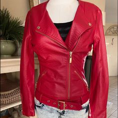 Super Cool Jacket Motorcycle Style With Gold Accents And Has A Embossed Snake Print Throughout. Size Extra Small Red Moto Biker Jacket For Spring, Trendy Red Biker Jacket With Zipper, Trendy Red Fitted Leather Jacket, Trendy Red Biker Jacket With Zipper Closure, Red Moto Outerwear, Chic Red Leather Jacket With Zipper Closure, Red Leather Moto Jacket, Luxury Red Biker Jacket With Zipper Closure, Red Fitted Leather Motorcycling Jacket