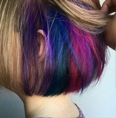 Peekaboo Hair Color Bob, Hair Color Bob, Kaleidoscope Hair, Hair Underlights, Bob Undercut, Hidden Hair Color, Underlights Hair, Undercut Bob, Peekaboo Hair