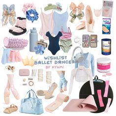 a collage of different types of ballet clothes and accessories