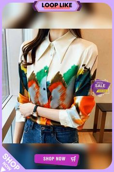 Retro Oil Painting Print Long Sleeve Top Multicolor Collared Top For Fall, Multicolor Collared Blouse For Fall, Printed Silk Blouses, Print Models, Chiffon Blouse, Office Lady, Long Blouse, Office Ladies, Long Sleeve Casual