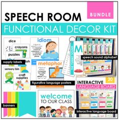 the speech room functional decor kit includes posters, stickers, and other classroom supplies