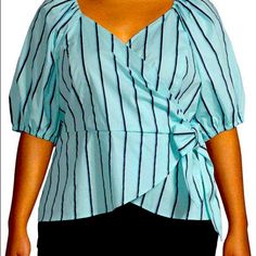 Worthington Worthington Womens V Neck Elbow Sleeve Wrap Shirt Aqua Stripe Medium Spring Office Tops With Bow Detail, Spring V-neck Top With Bow Detail, Spring V-neck Top With Bow, V-neck Top With Bow For Spring, Summer Bow V-neck Top, Spring Casual Shirt With Bow, Fitted V-neck Top With Bow, Fitted Tops With Bow For Day Out, Fitted Casual Blouse With Bow