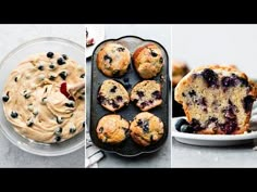 blueberry muffins and other desserts are shown in three different pictures, one is