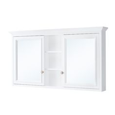 a white wall mounted medicine cabinet with two mirrors