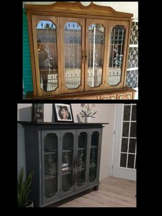 two pictures side by side one has a china cabinet and the other has glass doors