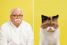 two pictures of an old man with a mustache and a cat in front of them