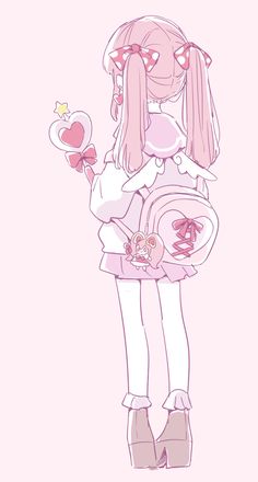 a drawing of a girl with pink hair holding a heart shaped object in her hand