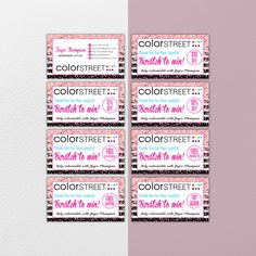 four pink and black business cards with the words colorstreet on them in different font