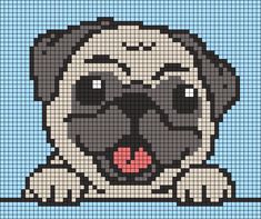 a cross stitch pattern of a pug dog with its tongue out and eyes closed