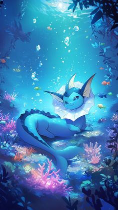 a blue dragon sitting in the water surrounded by corals and other marine life, with bubbles