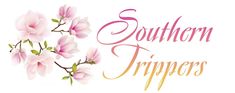 the words southern trippers written in pink and gold lettering on a white background with flowers