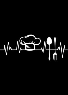 a chef's hat and utensils on a black background with heartbeats