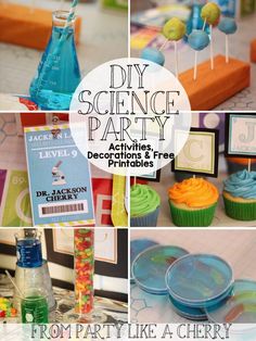 a collage of pictures with different items for science party