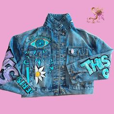 Unique Hand-painted Denim Jacket,pink Panther, Daisies, Jungle, Evil Eyes - Etsy Hand Painted Blue Denim Jacket For Spring, Spring Hand Painted Blue Denim Jacket, Spring Hand Painted Denim Jacket, Hand Painted Trendy Denim Jacket For Spring, Trendy Hand Painted Denim Jacket For Spring, Artistic Blue Denim Jacket For Spring, Artsy Cotton Denim Jacket For Spring, Blue Denim Jacket With Custom Artwork For Spring, Trendy Cotton Denim Jacket With Custom Artwork