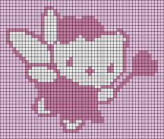 a pink and white cross stitched pattern with flowers on the front, in shades of purple