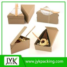 four different views of an open box with cake in it and two spoons sticking out