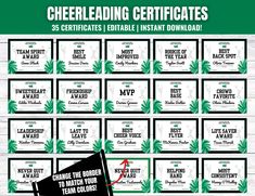 a bunch of business cards with the words,'cheerleadering certificatess '