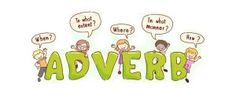 the word adverb is surrounded by cartoon people with speech bubbles above their heads