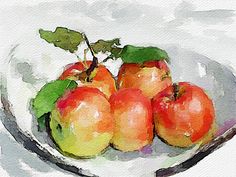 a painting of apples on a plate with leaves