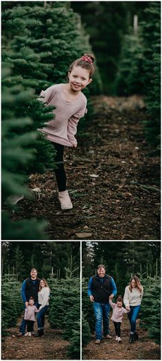 a family is walking through the christmas tree farm in their matching outfits and smiling at each other