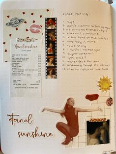 an open scrapbook with pictures and writing on the pages that include photos, words, and other things