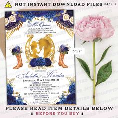 a blue and gold wedding card with flowers