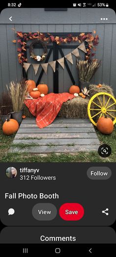 an iphone photo booth with pumpkins, hay and fall decorations on the front porch